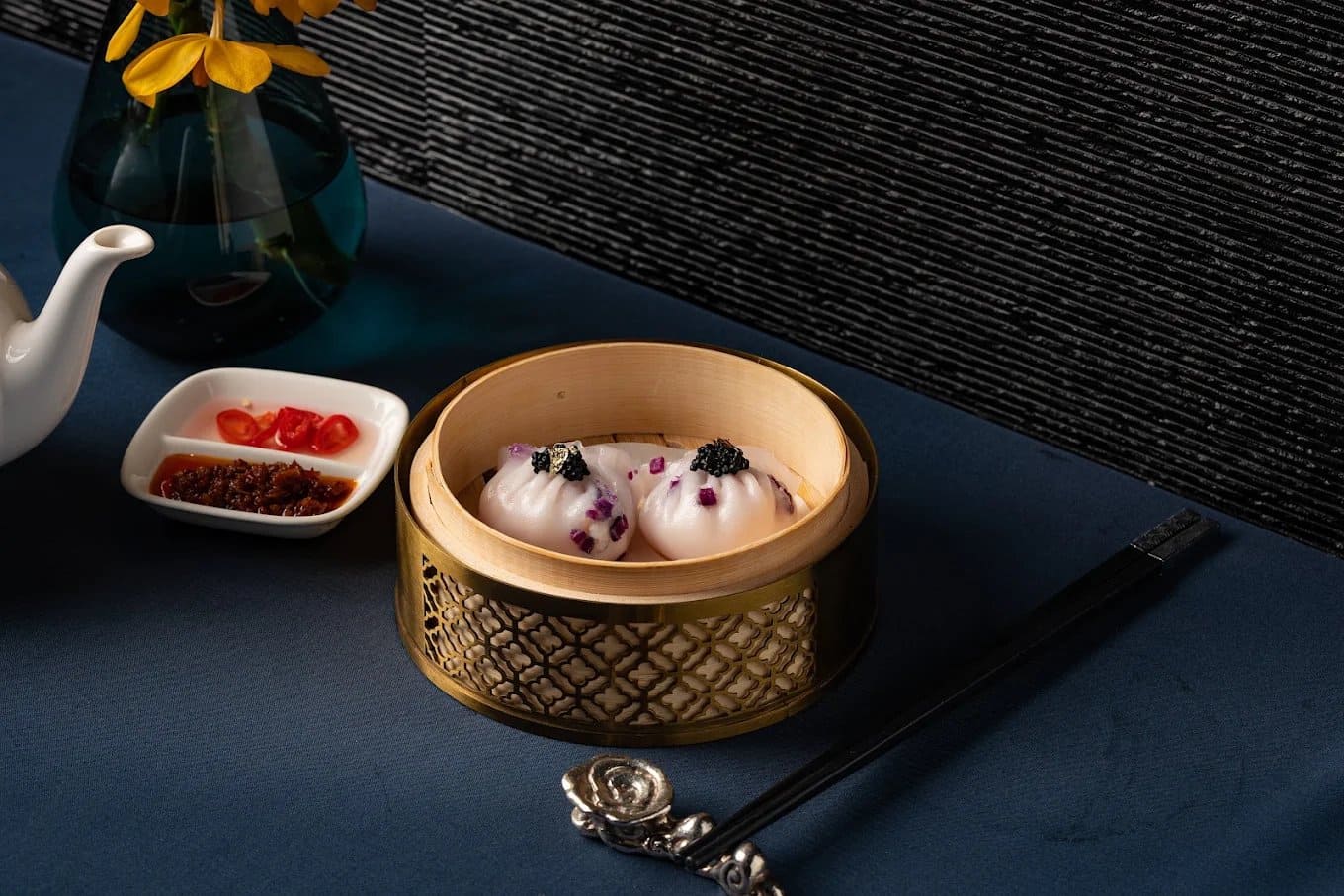 Purple Potato-Skin Shrimp Dumpling with Black Caviar