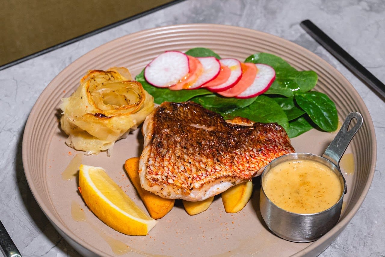 Local Fish Steak with Grilled Apple and White wine Sauce