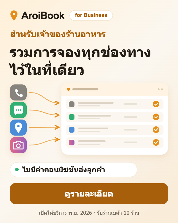 สำหรับเจ้าของร้านอาหาร: AroiBook รวมการจองจากโทรศัพท์ LINE Google และ walk-in ไว้ในที่เดียว ไม่มีค่าคอมมิชชันส่งลูกค้า